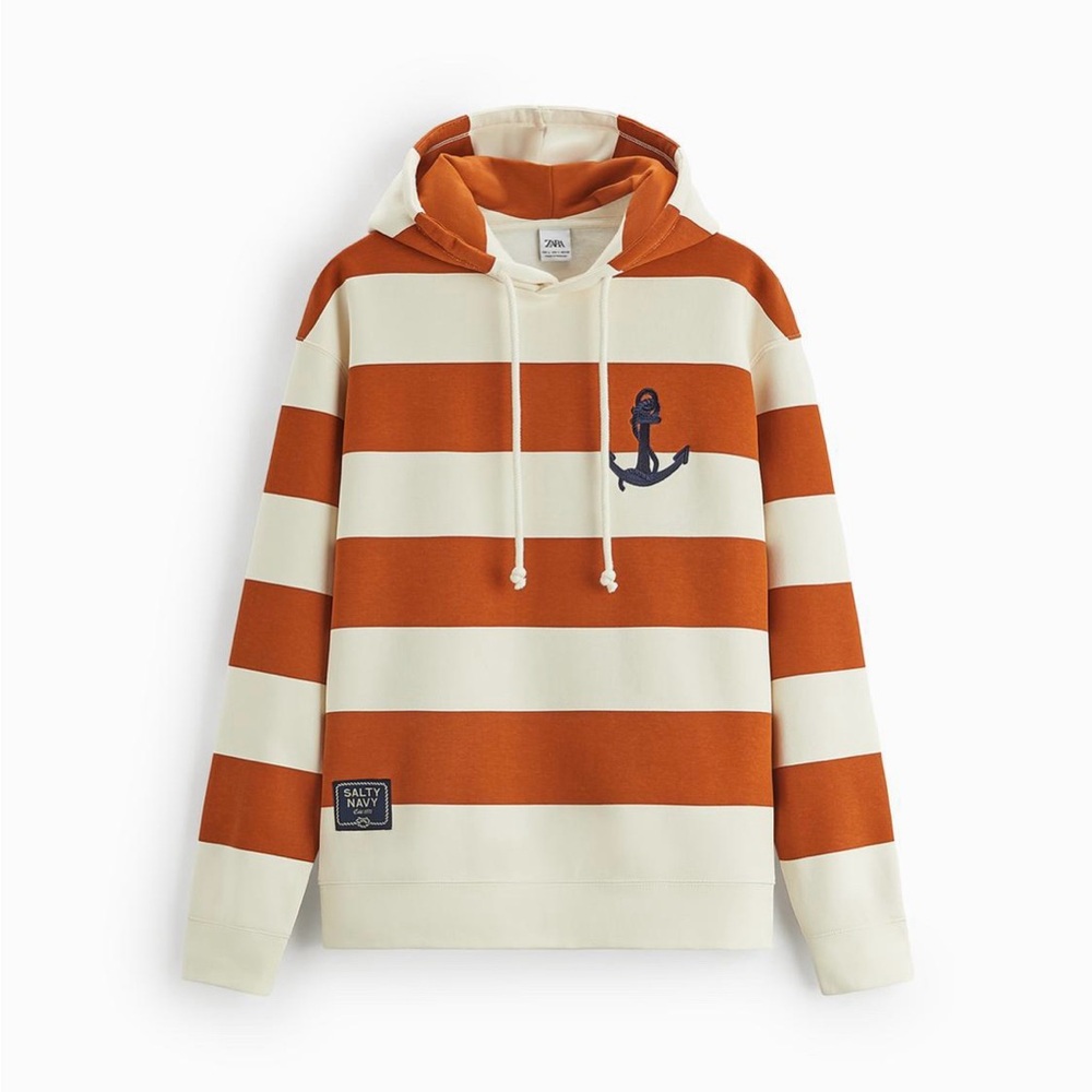Zara Men's Anchor Embroidered Orange White Striped Hoodie Medium